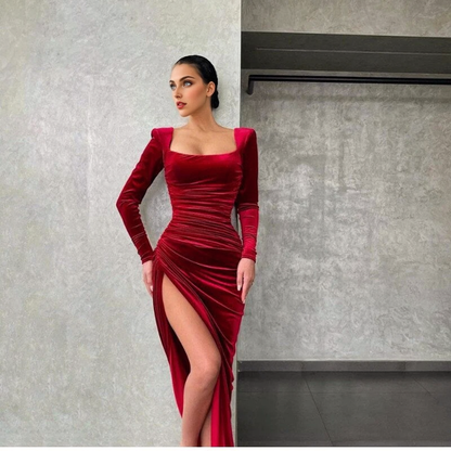 JuliaFashion - 2024 Square Neck Sexy Slit Bodycon Dress