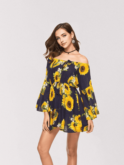 JuliaFashion-Heatin' Up Daisy Print Off The Shoulder Mini Dress