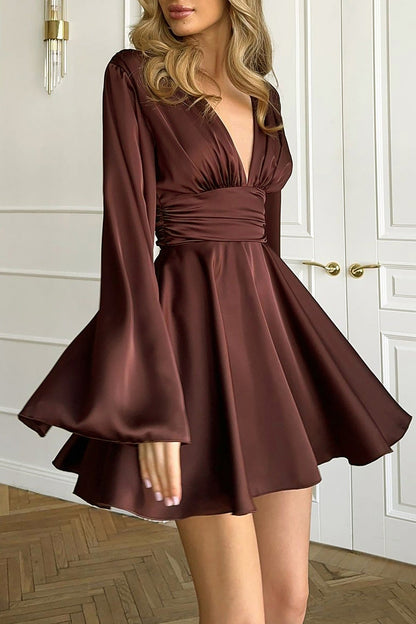 Solid V-neck Bow Snug Long-Sleeve Mini Dress