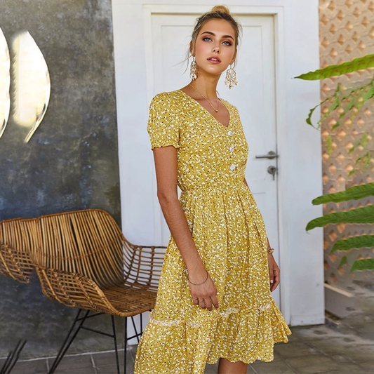 JuliaFashion - 2024 Yellow Casual Ladies Floral Print Dresses