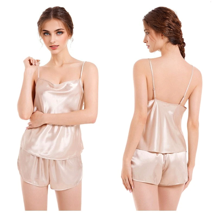 JuliaFashion-2 Piece Silk Cami Top and Shorts Sleep Camisole Nightwear