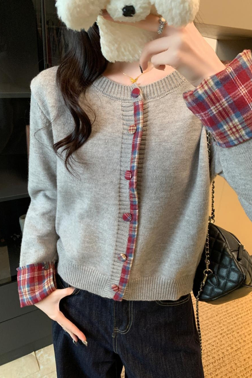 Red Plaid Contrast Round Neck Christmas Cardigan