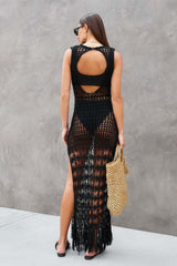 Knit Hollow Out Fringe Beach Maxi Cover Up