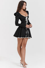 Black and White Ruffle Neckline Tie Waist Mini Dress