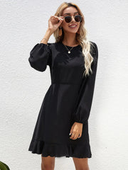 Ruffled Long-Sleeved Dress - Black