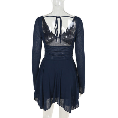 Cosmic Elegance V Neck Dress - Blue