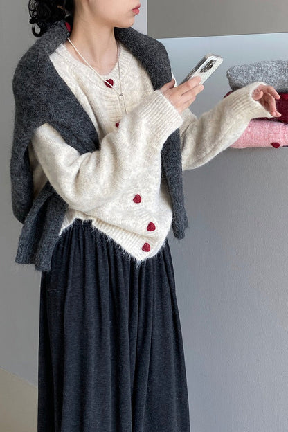 Oversized Heart Button Round Neck Christmas Cardigan