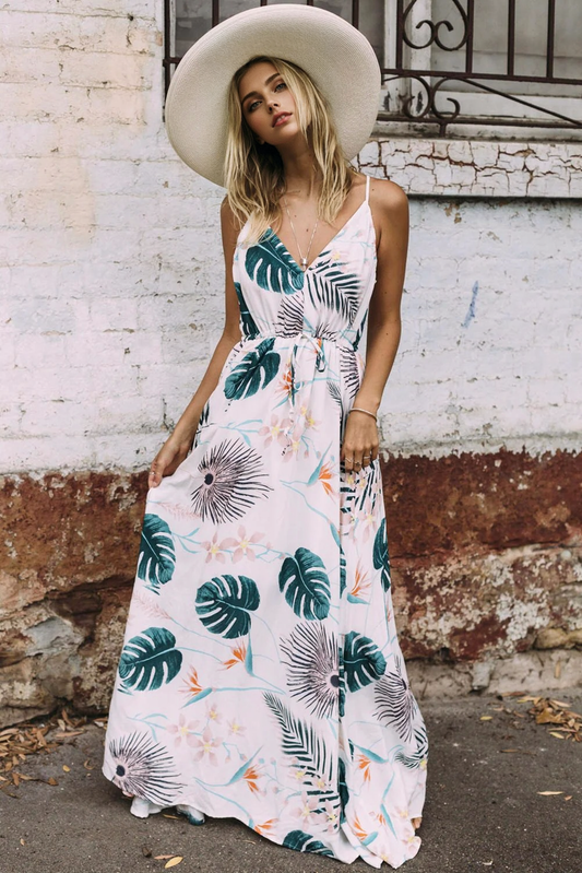 JuliaFashion-Dream Big Palm Leaf Print Plunging Neck Maxi Dress