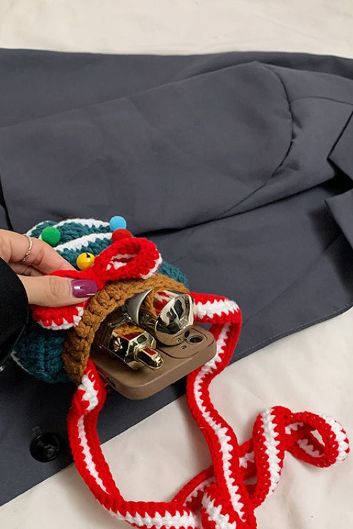 Cute Hand Knitted Yarn Christmas Tree Bauble Crossbody Bag