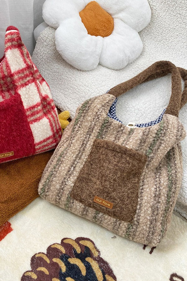 Christmas Red Plaid Faux Fur Panel Tote Shoulder Bag