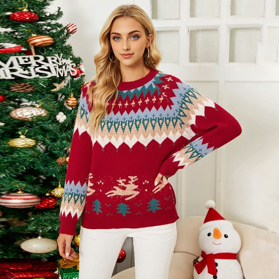 JuliaFashion-Christmas Sweater Round Neck Tops Women Clothing 2024 Winter New Deer Jacquard Pullover