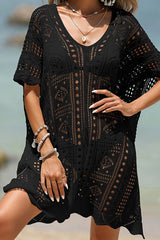 Loose Deep V Hollow Out Beach Knit Cover Up