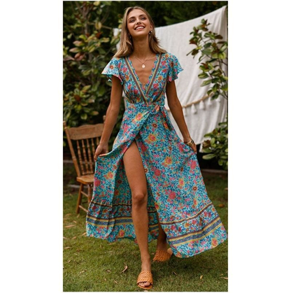 JuliaFashion - 2024 Short Sleeve Boho Floral High Split Maxi Dress