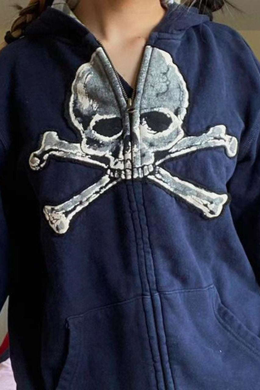 Skull Print Zip Up Hoodie