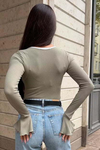 Square Neck Bell Sleeve Slim Long Sleeve Tee