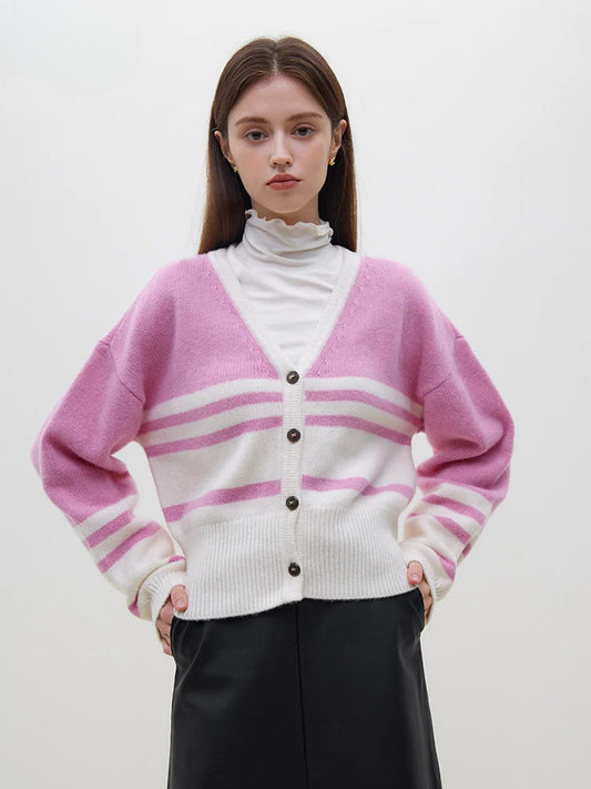 Wool Pink Stripe Design V-Neck Sweet Short Drop Sleeve Cardigan