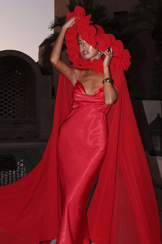 Satin Ribbon Ruched Spaghetti Strap Sexy Maxi Dress