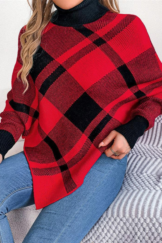 Christmas Plaid Contrast Turtleneck Cape Sweater