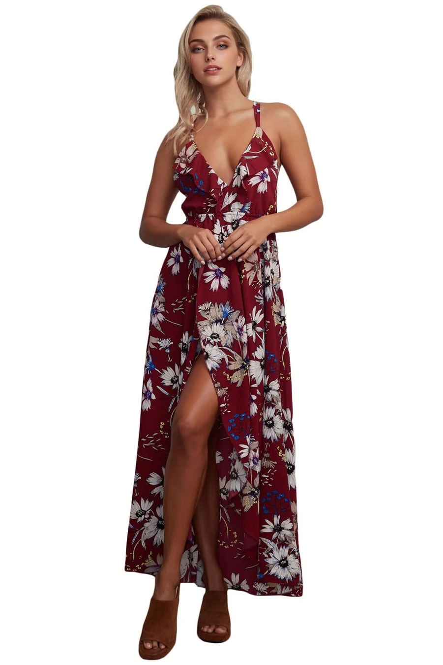 JuliaFashion-Burgundy Floral Chiffon Spaghetti Straps Maxi Dress