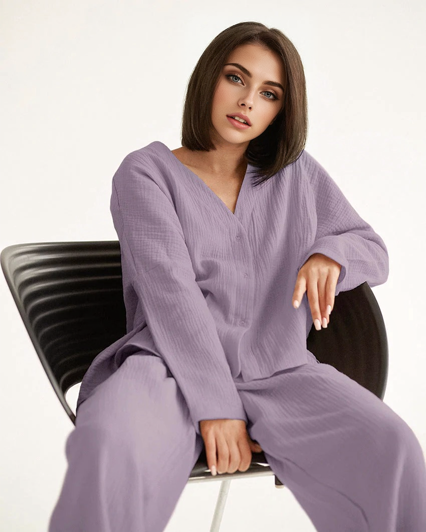 JuliaFashion-Cotton Linen Solid Single Breasted Long Sleeve Pijama Suit