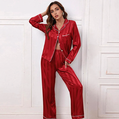 JuliaFashion-Faux Silk Striped Pajamas with Pants And Shirt