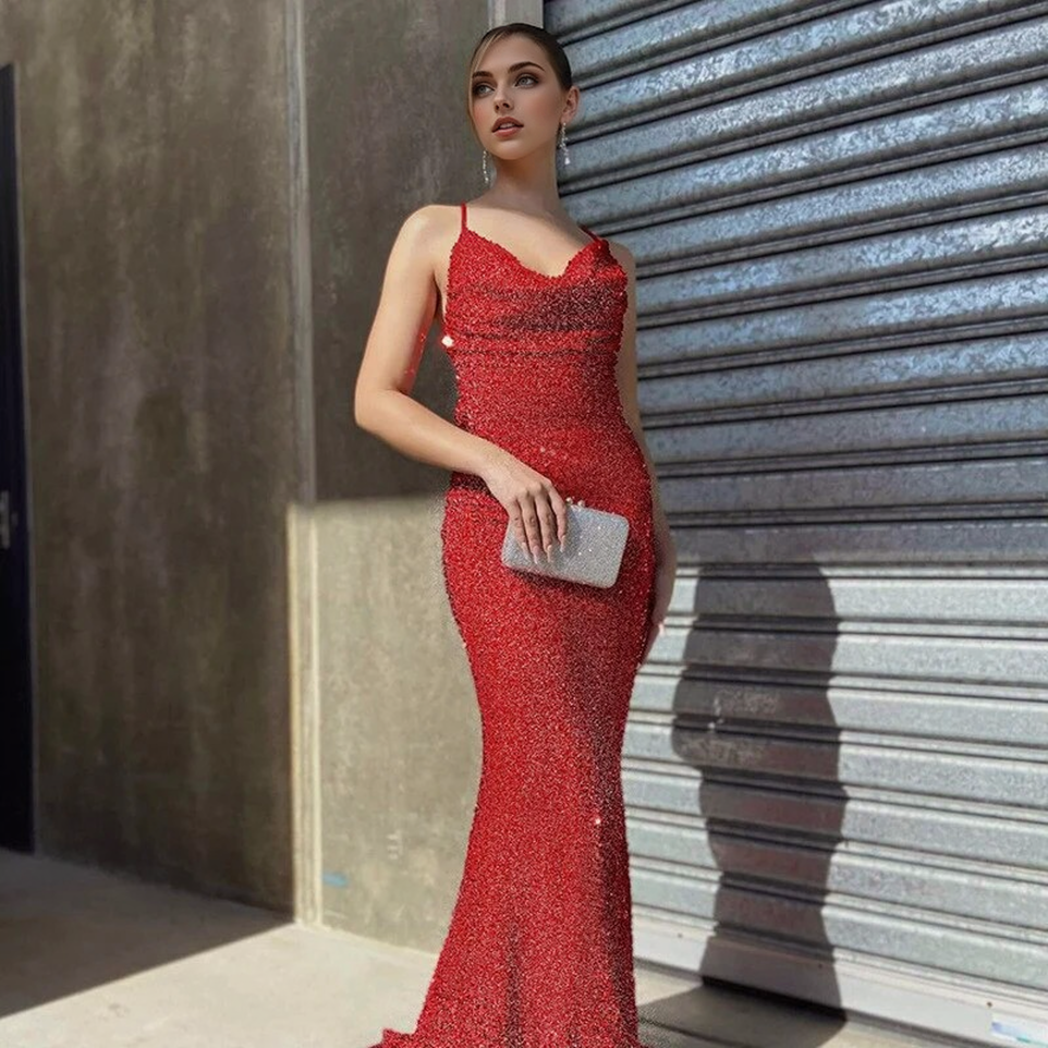 JuliaFashion - 2024 Spaghetti Strap Mermaid Shiny Maxi Evening Prom Dress