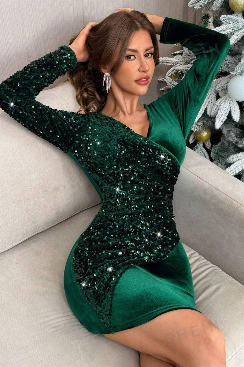 Christmas Elegant Sequin Paneled V-neck Party Dress