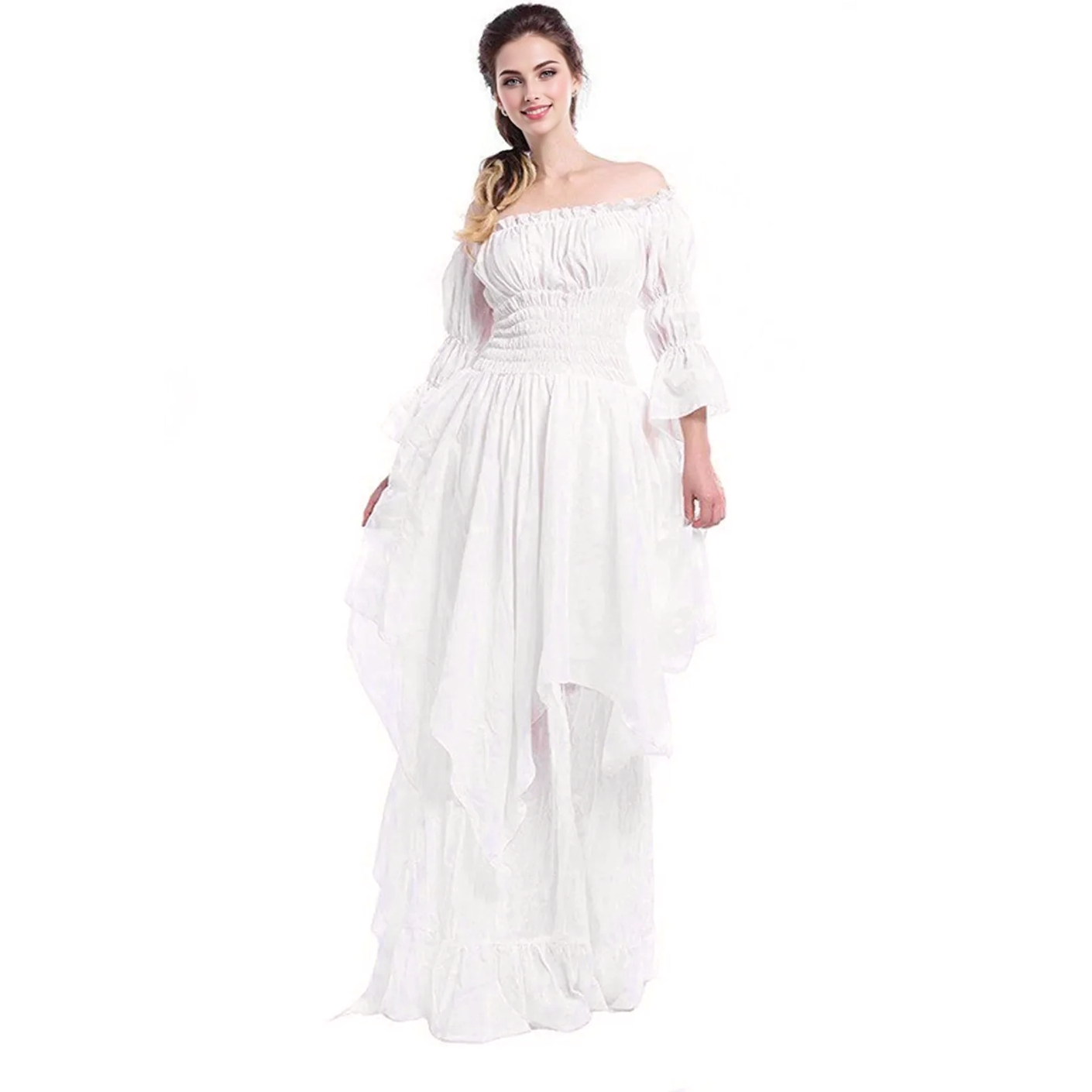 JuliaFashion - Vintage Victorian Medieval Puff Sleeve Off Shoulder Costume Solid Cosplay Prom Princess Gown Gothic Dress