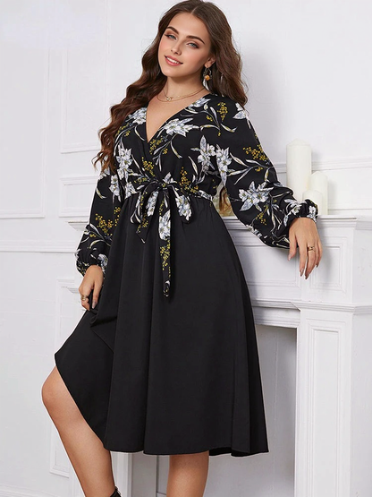 JuliaFashion-Floral Print Patchwork Lace Up Elegant Chubby Dresses