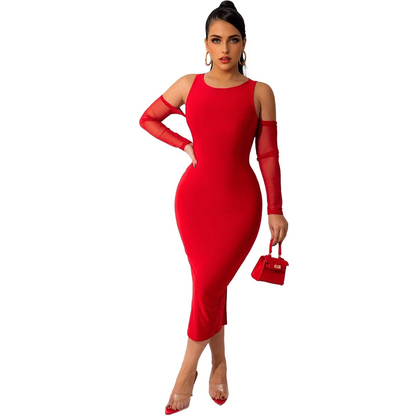 Julia Fashion - Sexy Off Shoulder Mesh Long Sleeve Bodycon Midi Dress