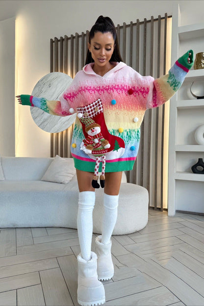 Christmas 3D Snowman Hooded Pom Sweater