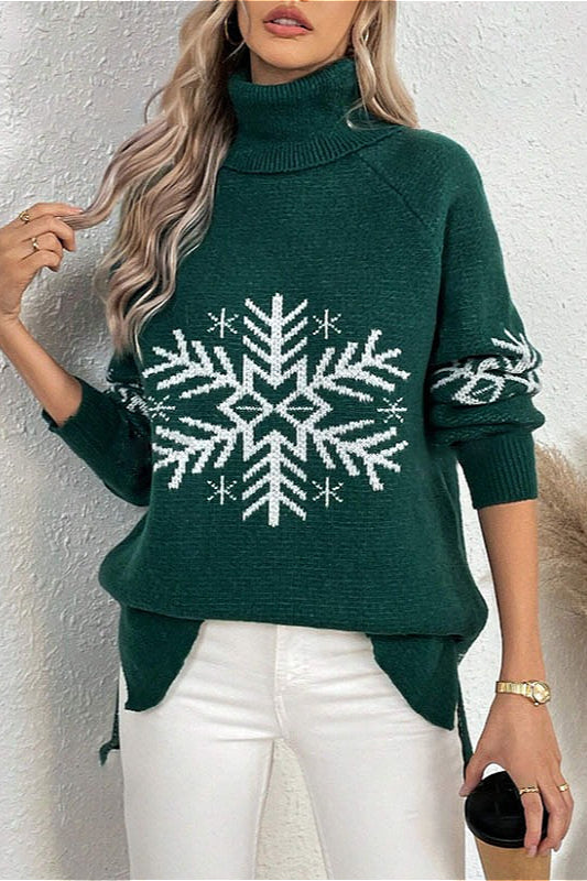 Solid Color Turtleneck Christmas Snowflake Print Sweater
