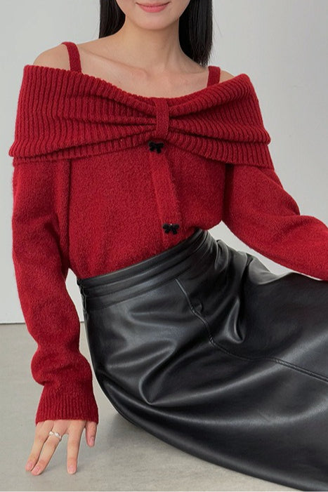 Off-Shoulder Bow Button Long Sleeve Wool Knitted Sweater
