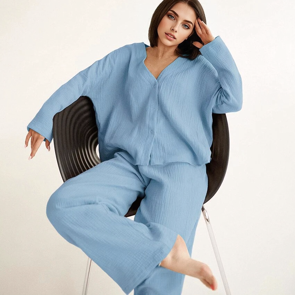 JuliaFashion-Cotton Linen Solid Single Breasted Long Sleeve Pijama Suit