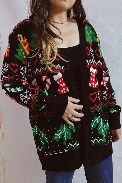 Themed Print Long Sleeve Button Christmas Cardigan