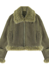 Oversized Fur Collar Suede Look Coat