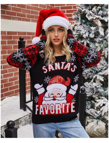 JuliaFashion-Christmas Pullover Sweater Santa Claus Embroidery Round Neck Sweater