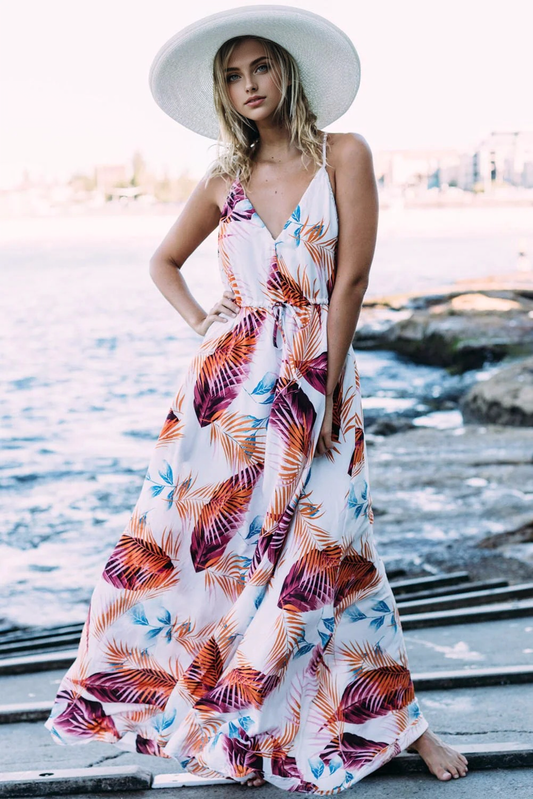 JuliaFashion - 2024 Summer Vacay Palm Leaf Print Plunging Neck Maxi Dress