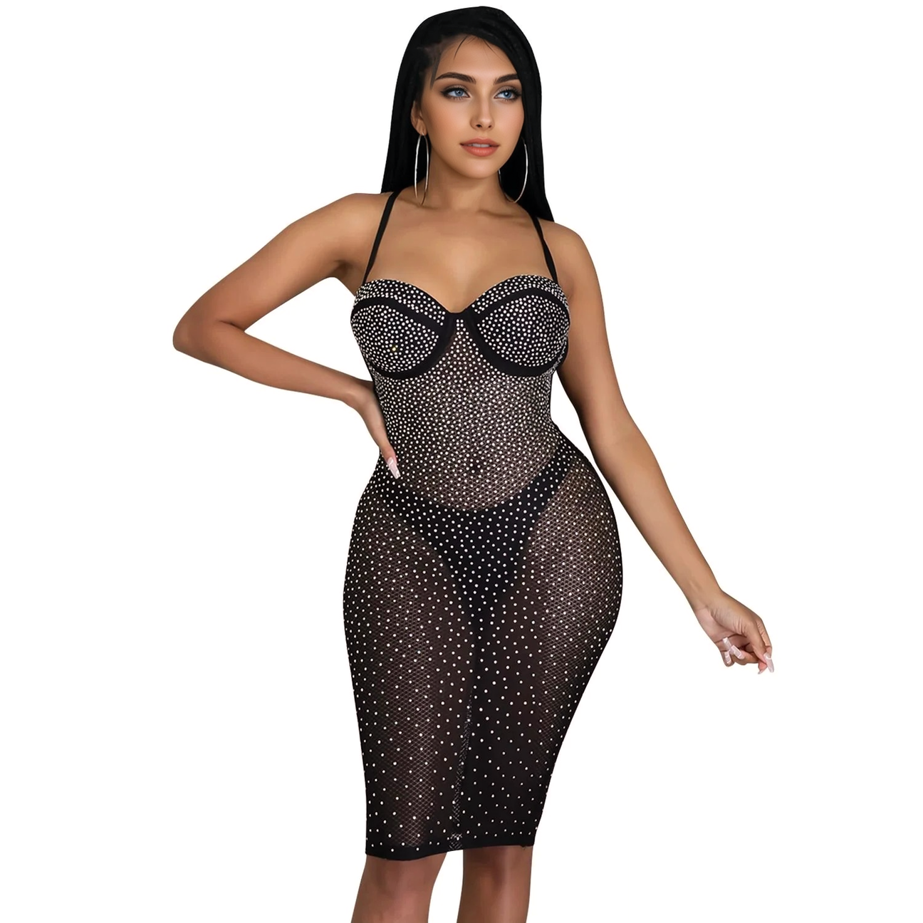 Julia Fashion - Sexy Halter Mesh See Though Party Midi Dress