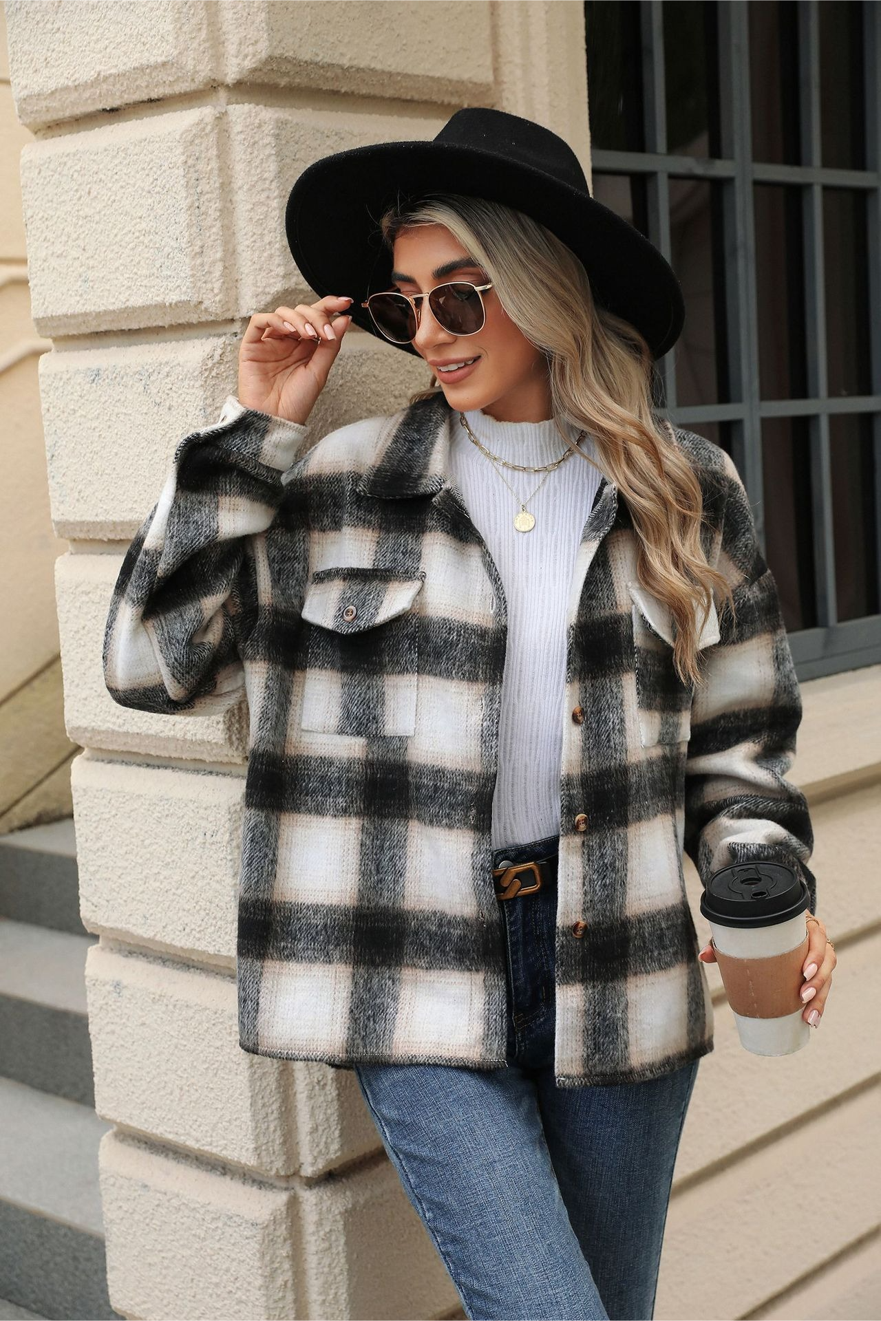 Loose Plaid Lapel Faux Wool Long Sleeve Christmas Outerwear