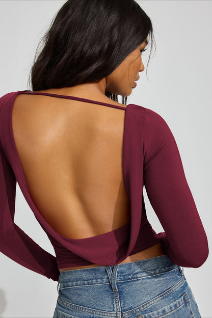 Solid Color Fitted Open Back Sexy Long Sleeve Tee