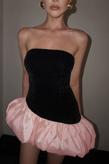 Elegant Velvet Paneled Strapless Puff Mini Dress