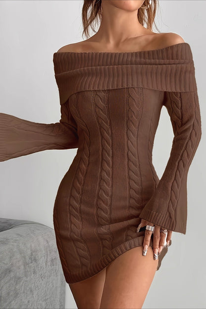 Trendy Casual Versatile Solid Off Shoulder Knit Sweater Dress