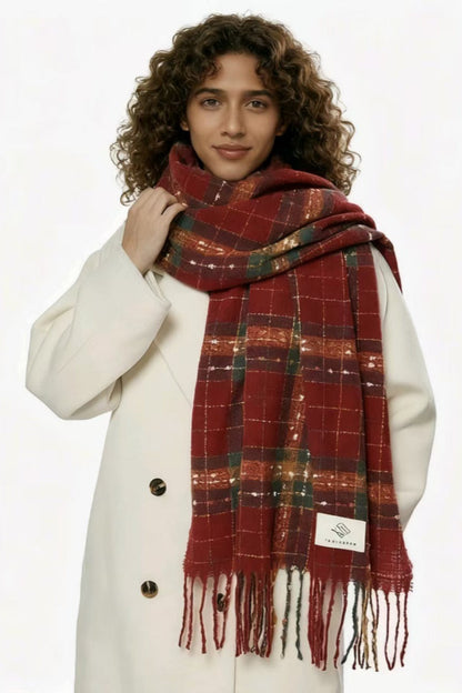Plaid Fringe Thermal Knit Christmas Scarf