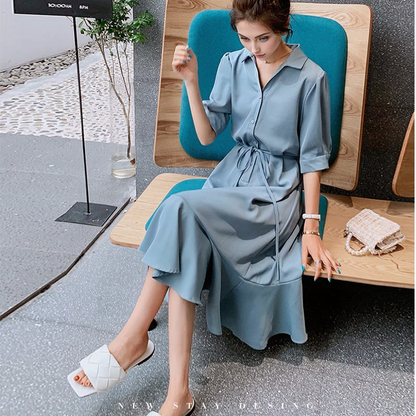 Julia Fashion - Blue Lapel Summer Dress