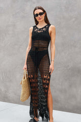 Knit Hollow Out Fringe Beach Maxi Cover Up
