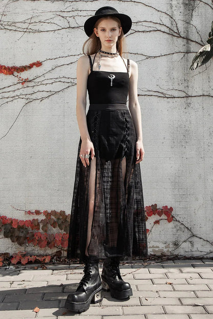 Women's Daily A Shape Mid-length Grid Mesh Forks Pantskirt Gothic Elastic Sexy Casual Long Skirt