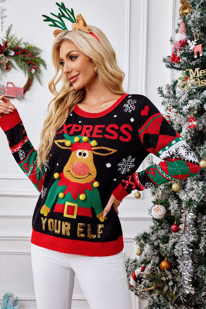 Christmas Moose 3D Pom Pom Sequin Crew Neck Sweater