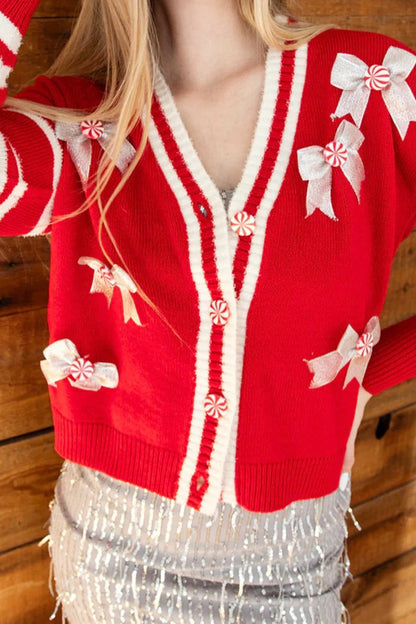 Sweet Bow V Neck Long Sleeve Christmas Cardigan