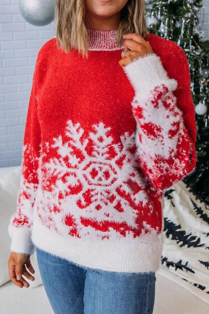 Christmas Red Snowflake Pattern Turtleneck Loose Sweater Red / S